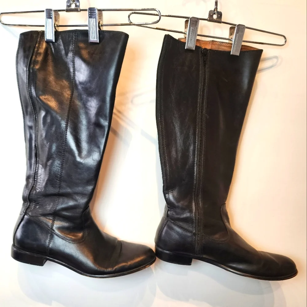 Kenneth Cole Black Leather Knee High Boots Flats Stretch Calf Womens Size 8.5